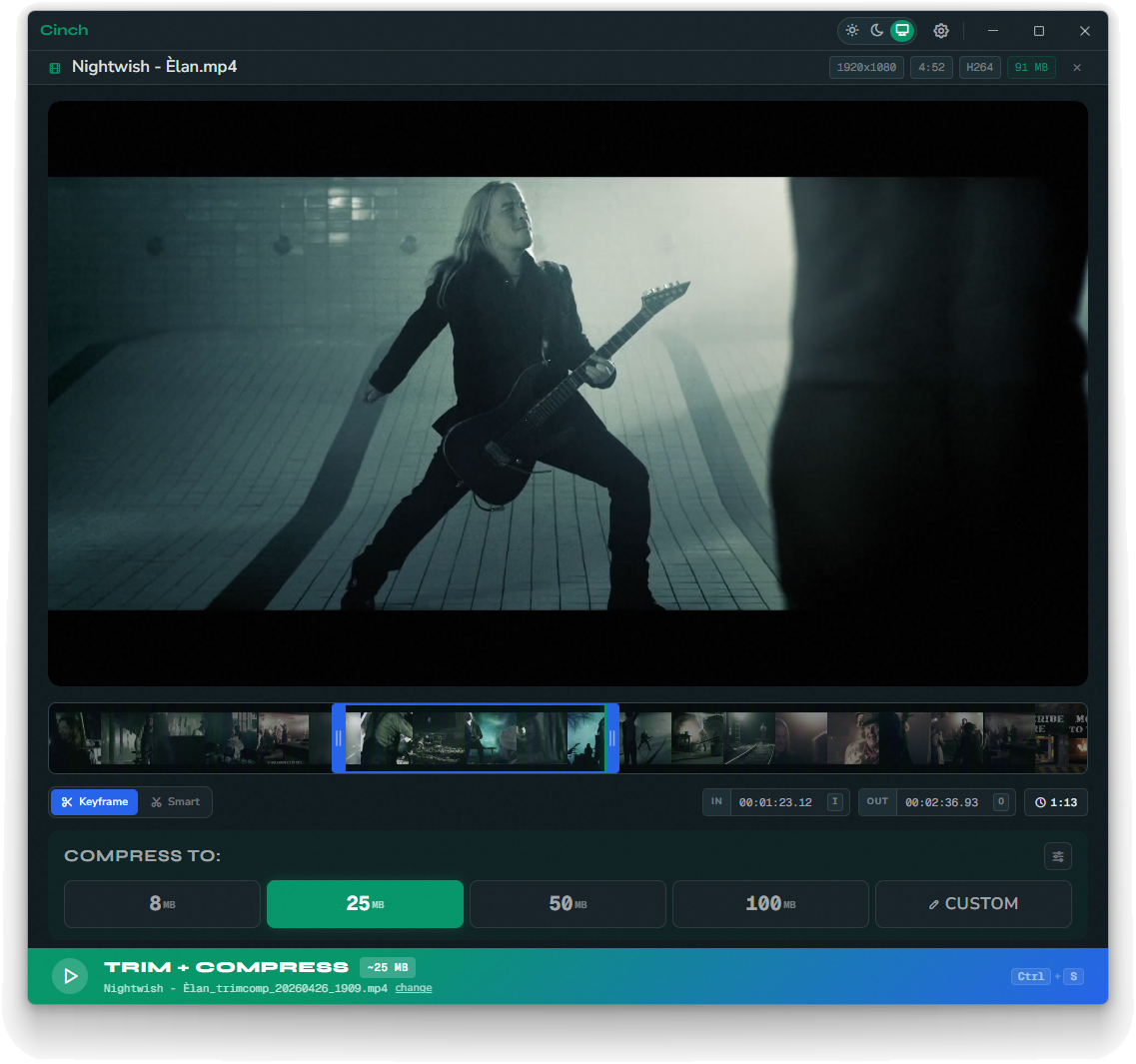 Cinch trimming a video clip with a thumbnail timeline and target-size buttons