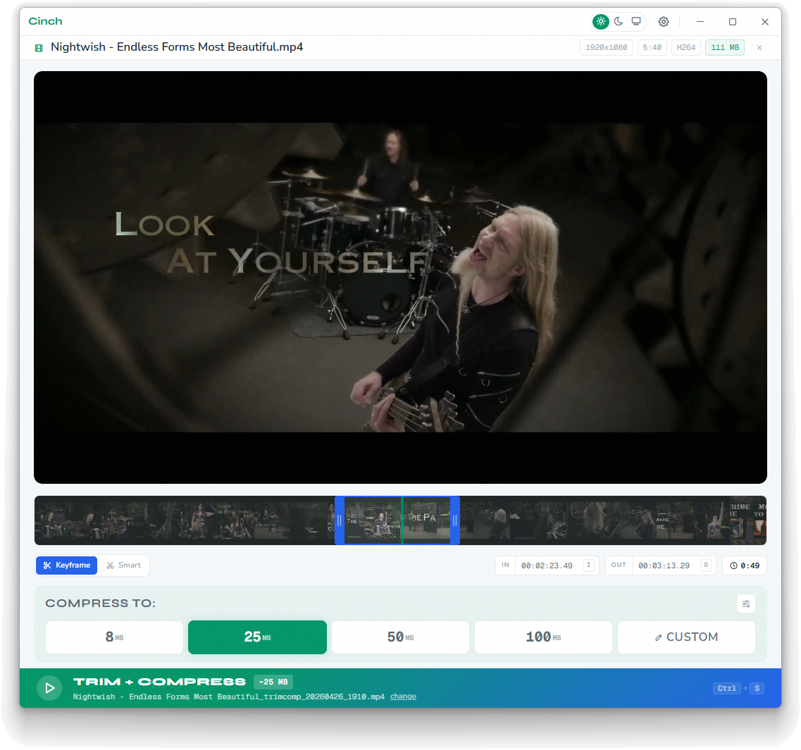 Cinch's trim view with thumbnail timeline and in/out markers