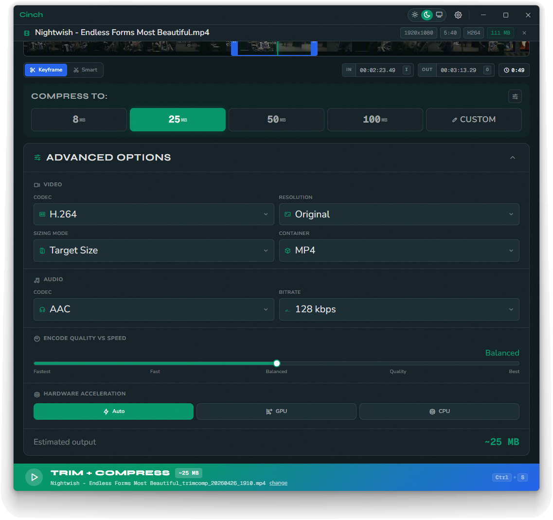 Cinch's advanced options panel with codec, audio, and quality controls