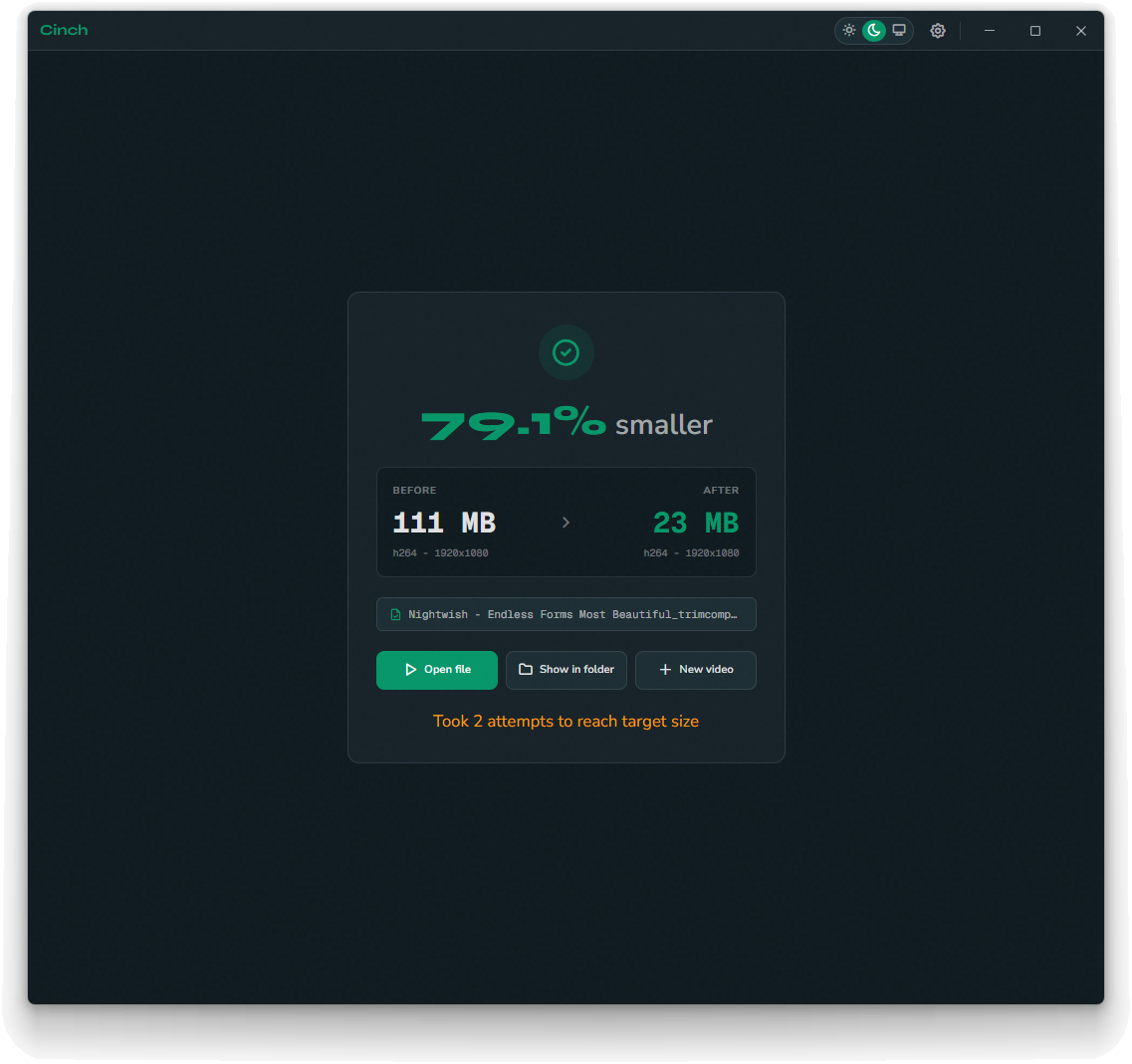 Cinch's result page showing 79.1 percent smaller, from 111 MB down to 23 MB