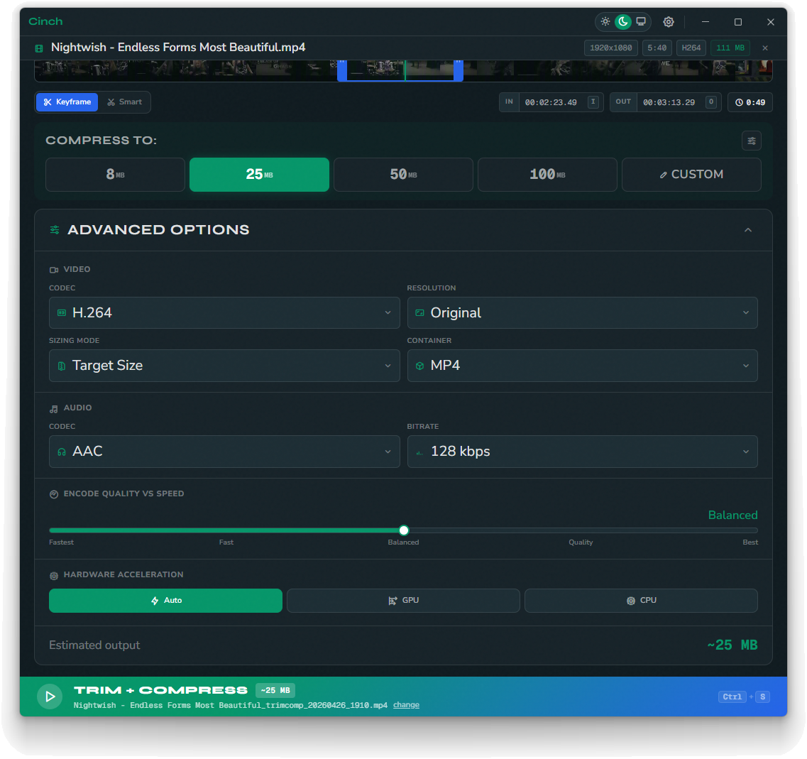 Cinch's advanced options panel with codec, audio, and quality controls
