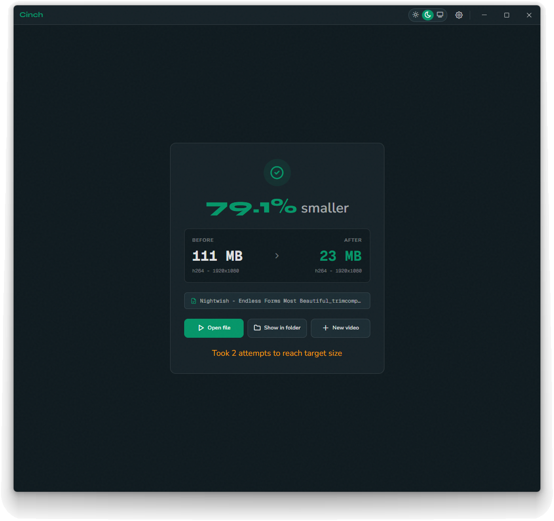 Cinch's result page showing 79.1 percent smaller, from 111 MB down to 23 MB