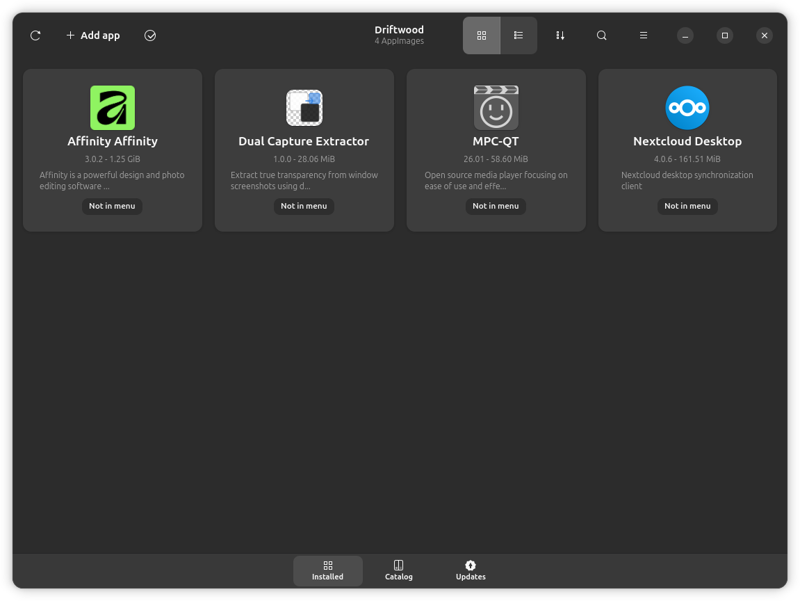 Driftwood library showing installed AppImages in grid view with app icons and details