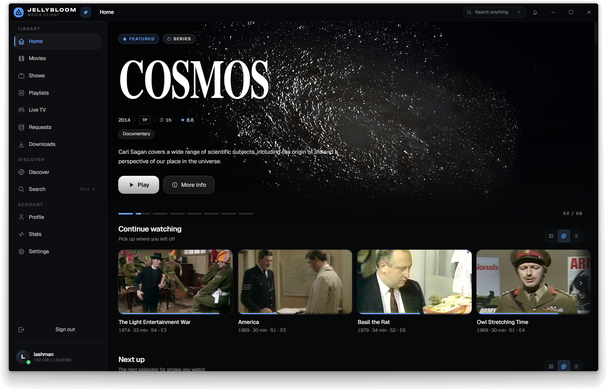 Jellybloom home page showing a featured COSMOS banner and continue watching shelf