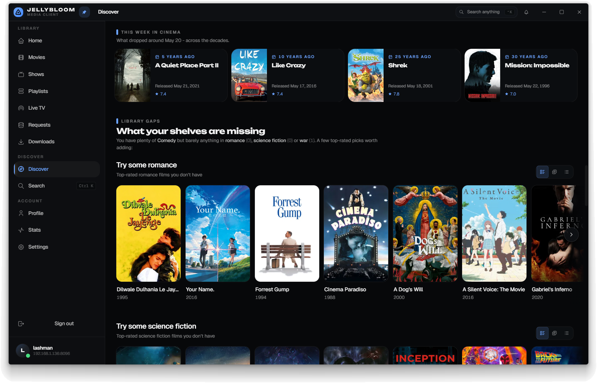 Jellybloom Discover page showing This Week in Cinema and Library Gaps with recommendations