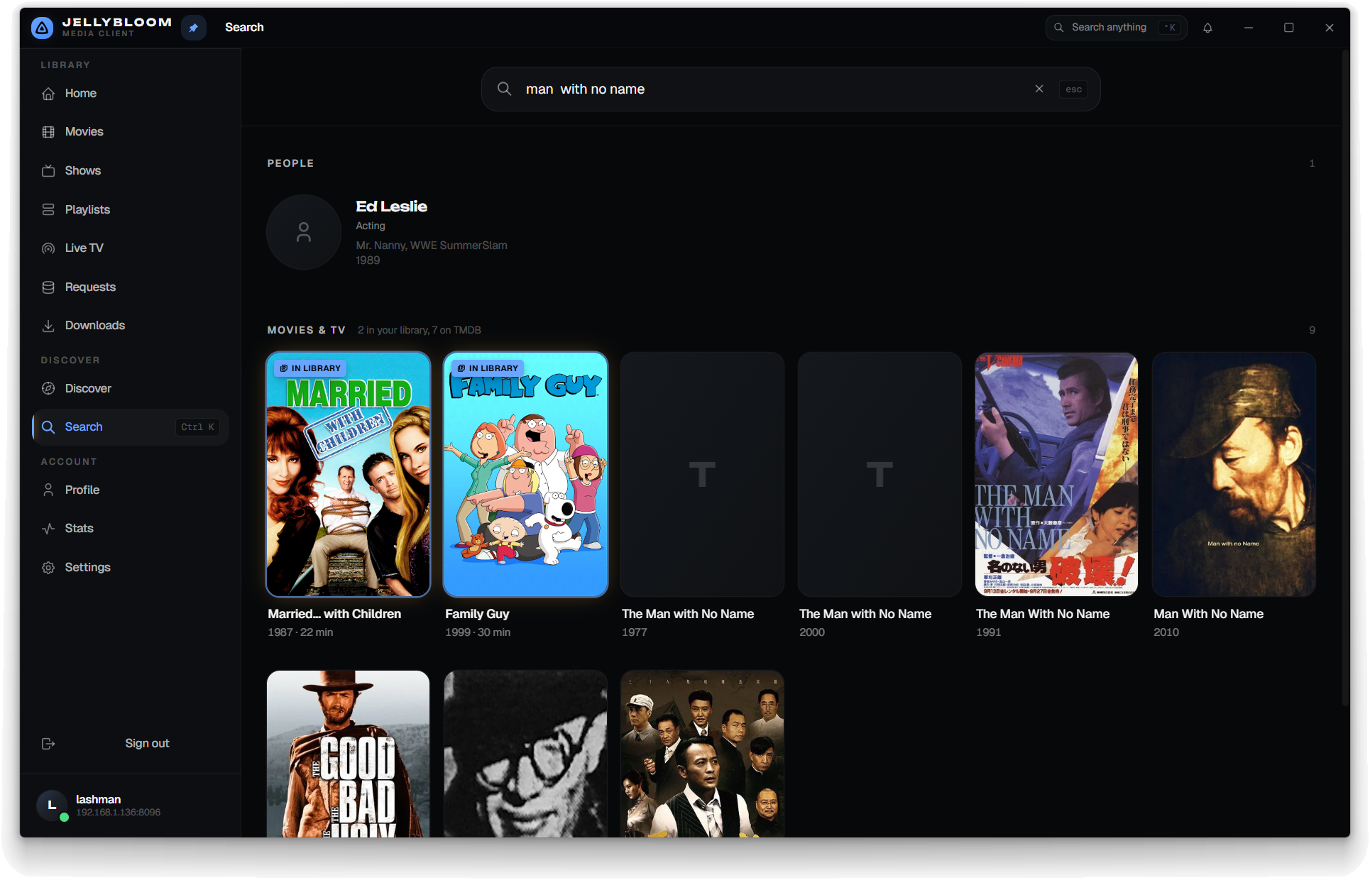 Jellybloom search results page showing people, movies, and TV results for man with no name