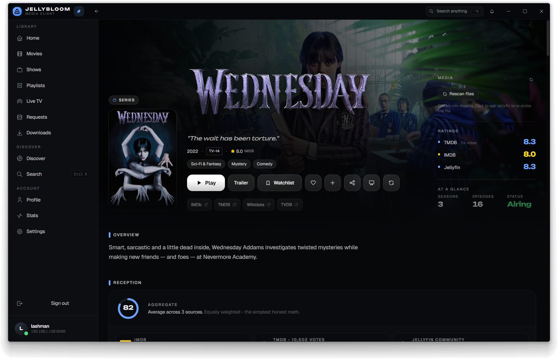 Jellybloom series detail page for Wednesday showing backdrop, poster, ratings, play button, and cast