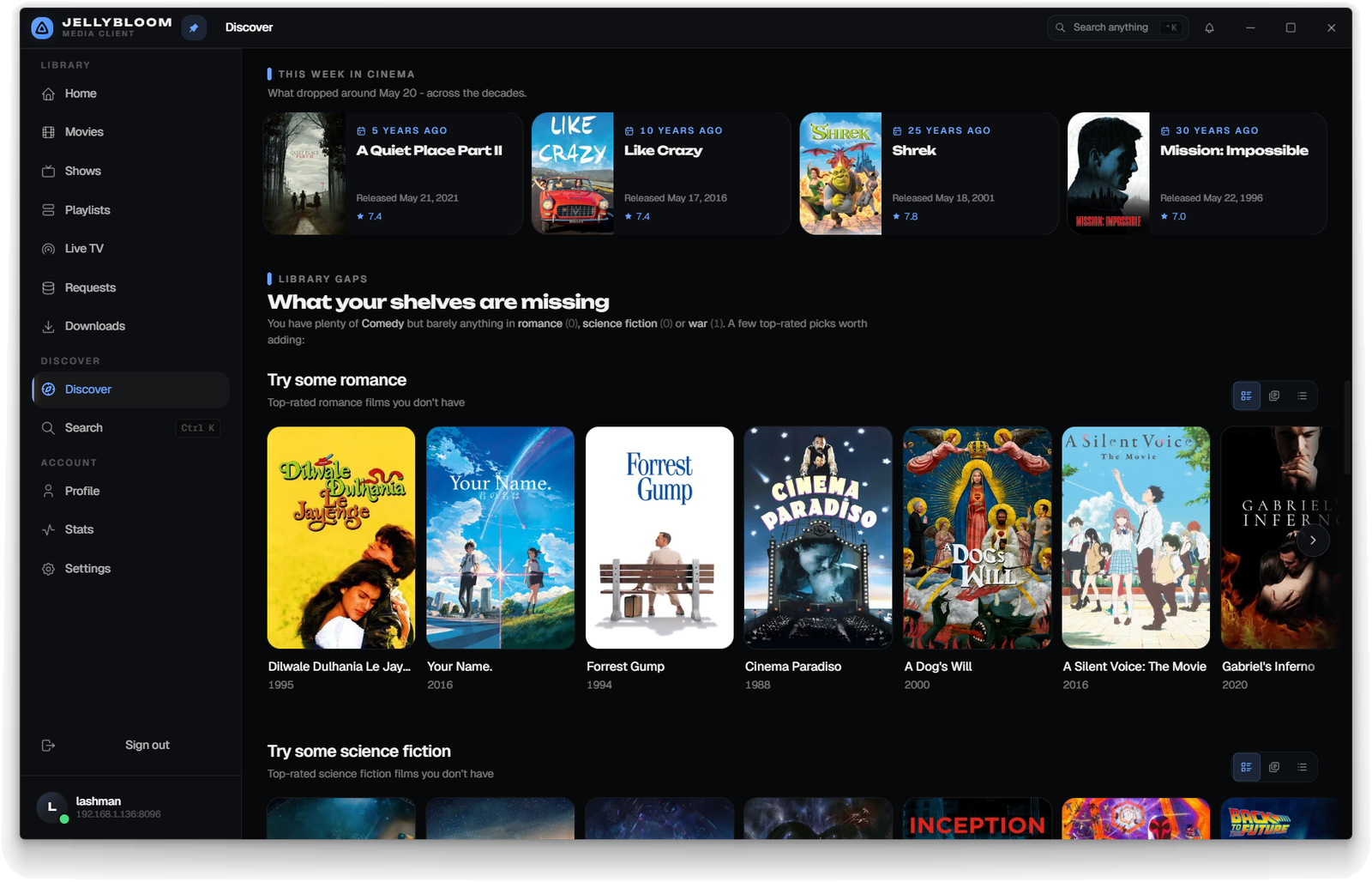 Jellybloom Discover page showing This Week in Cinema and Library Gaps with recommendations