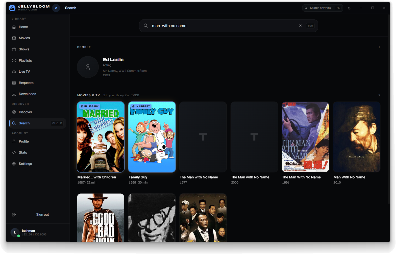 Jellybloom search results page showing people, movies, and TV results for man with no name