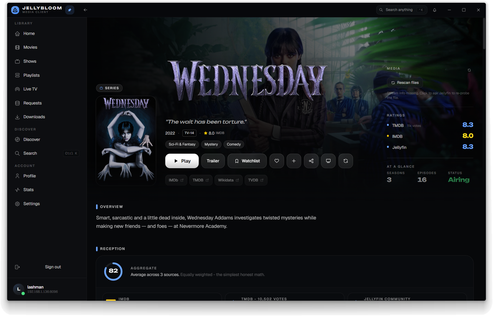 Jellybloom series detail page for Wednesday showing backdrop, poster, ratings, play button, and cast