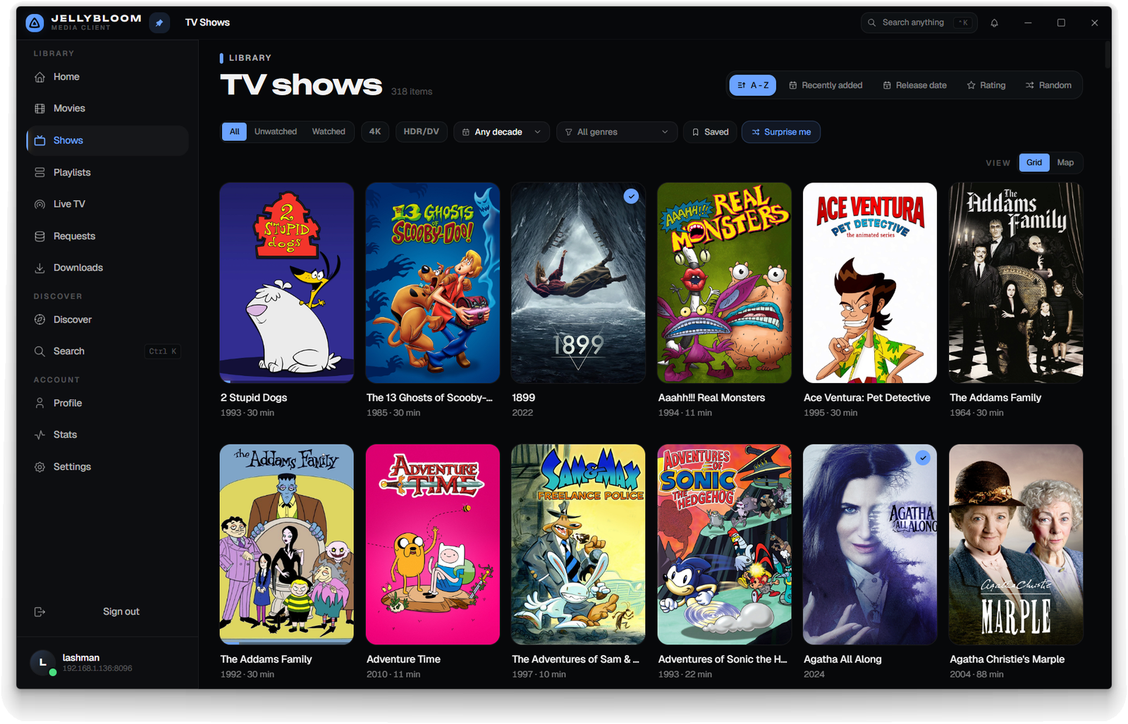Jellybloom TV shows library with a virtualized poster grid showing titles like Adventure Time and The Addams Family