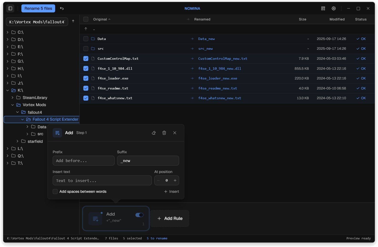 Nomina renaming files with a live preview of changes