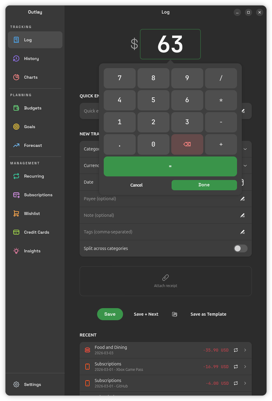 Outlay log entry screen showing the built-in calculator, transaction form, and recent transactions