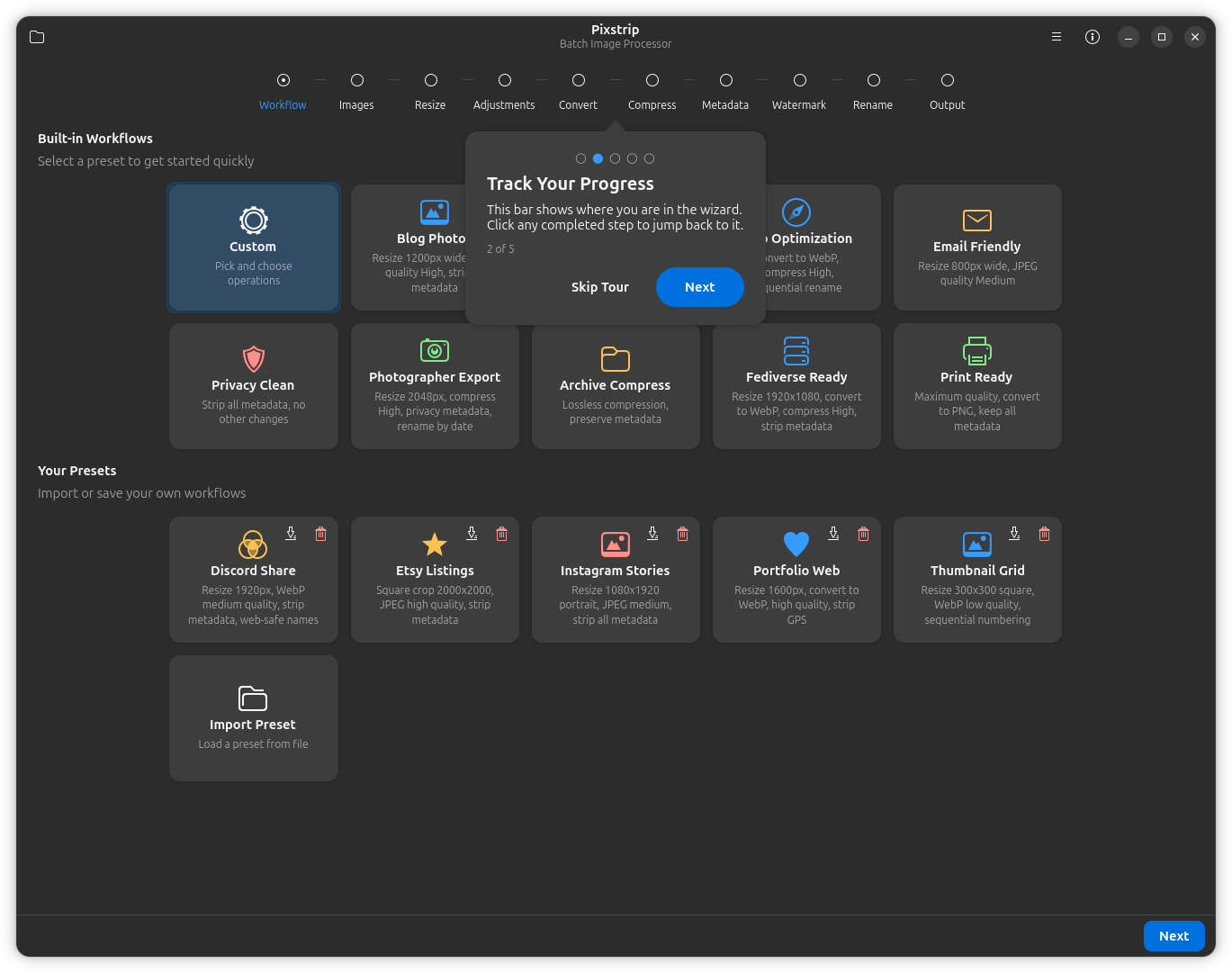 PixStrip workflow page showing built-in presets, custom presets, and guided tour