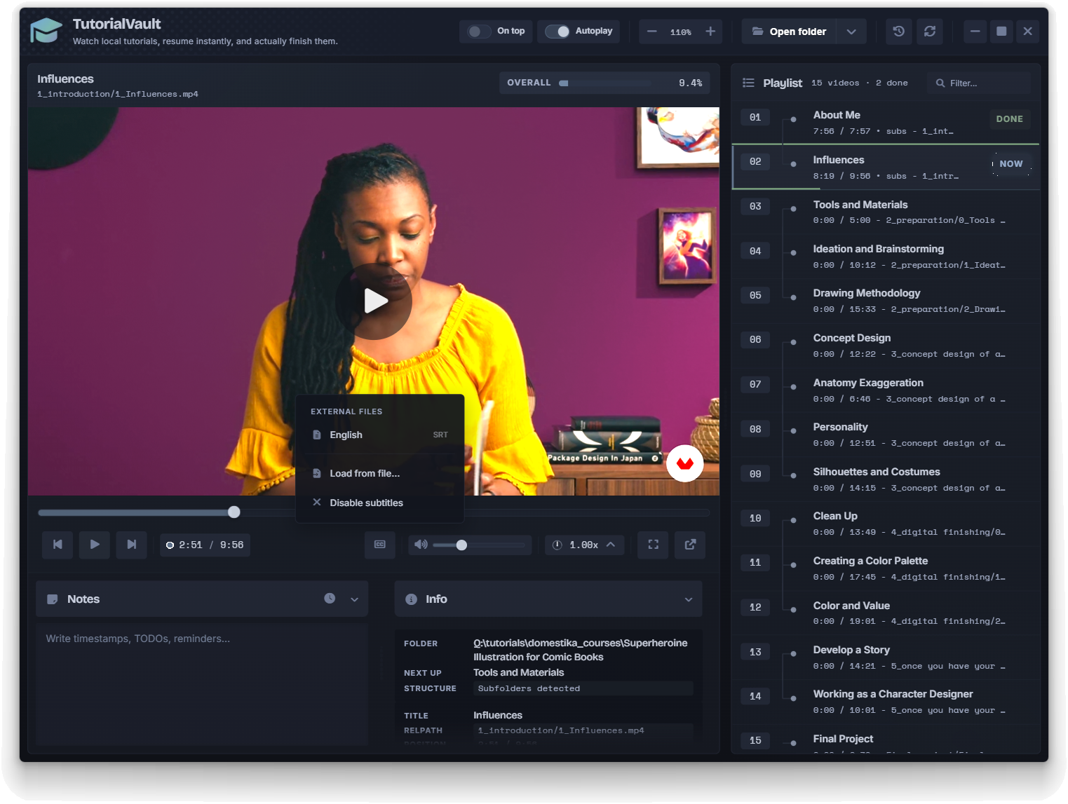 TutorialVault subtitle selection menu