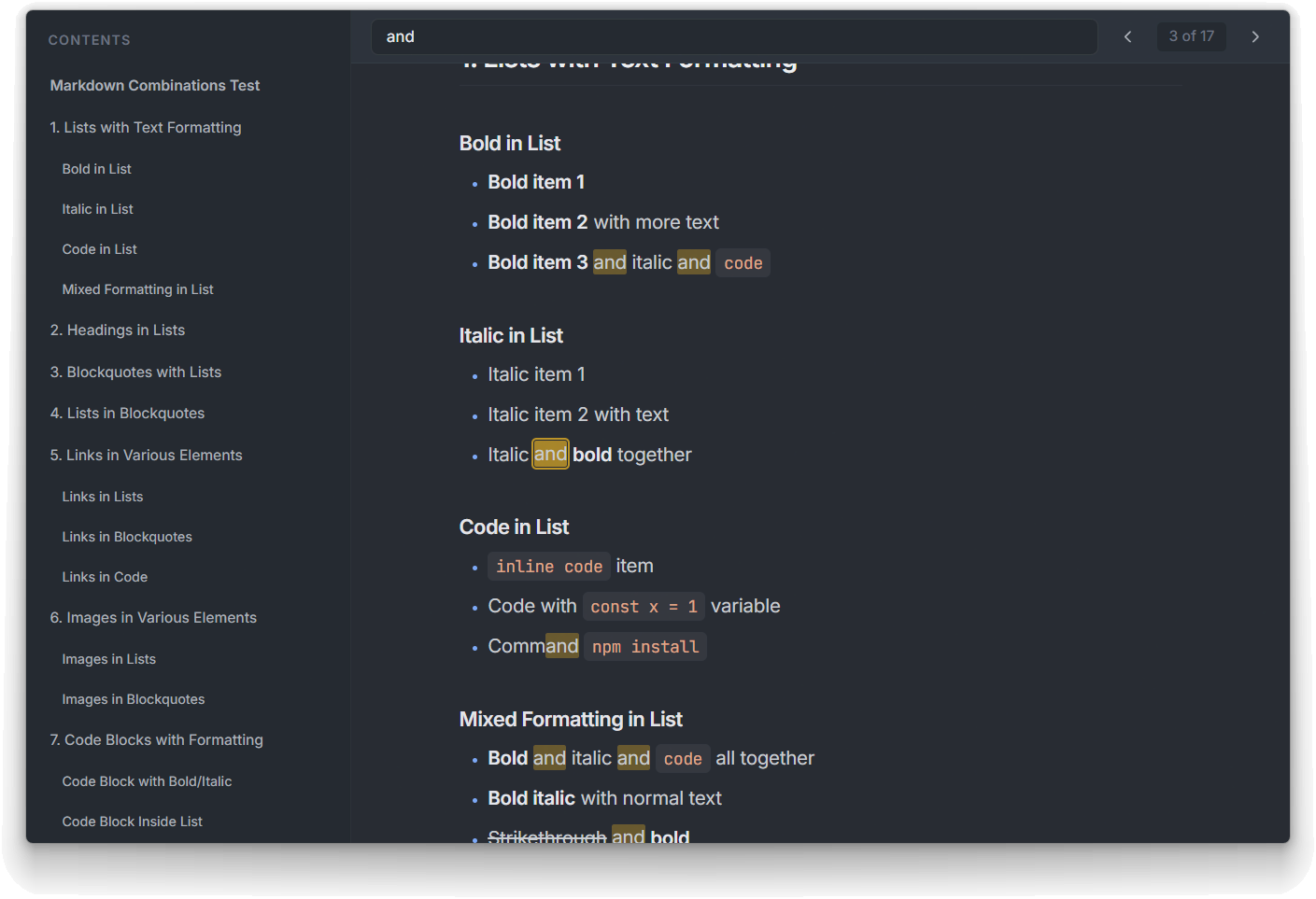 Vesper with search bar highlighting matches