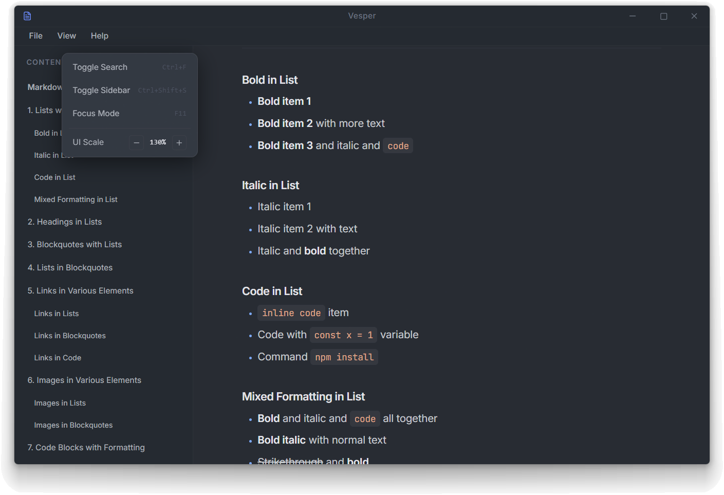 Vesper view menu showing UI scale controls