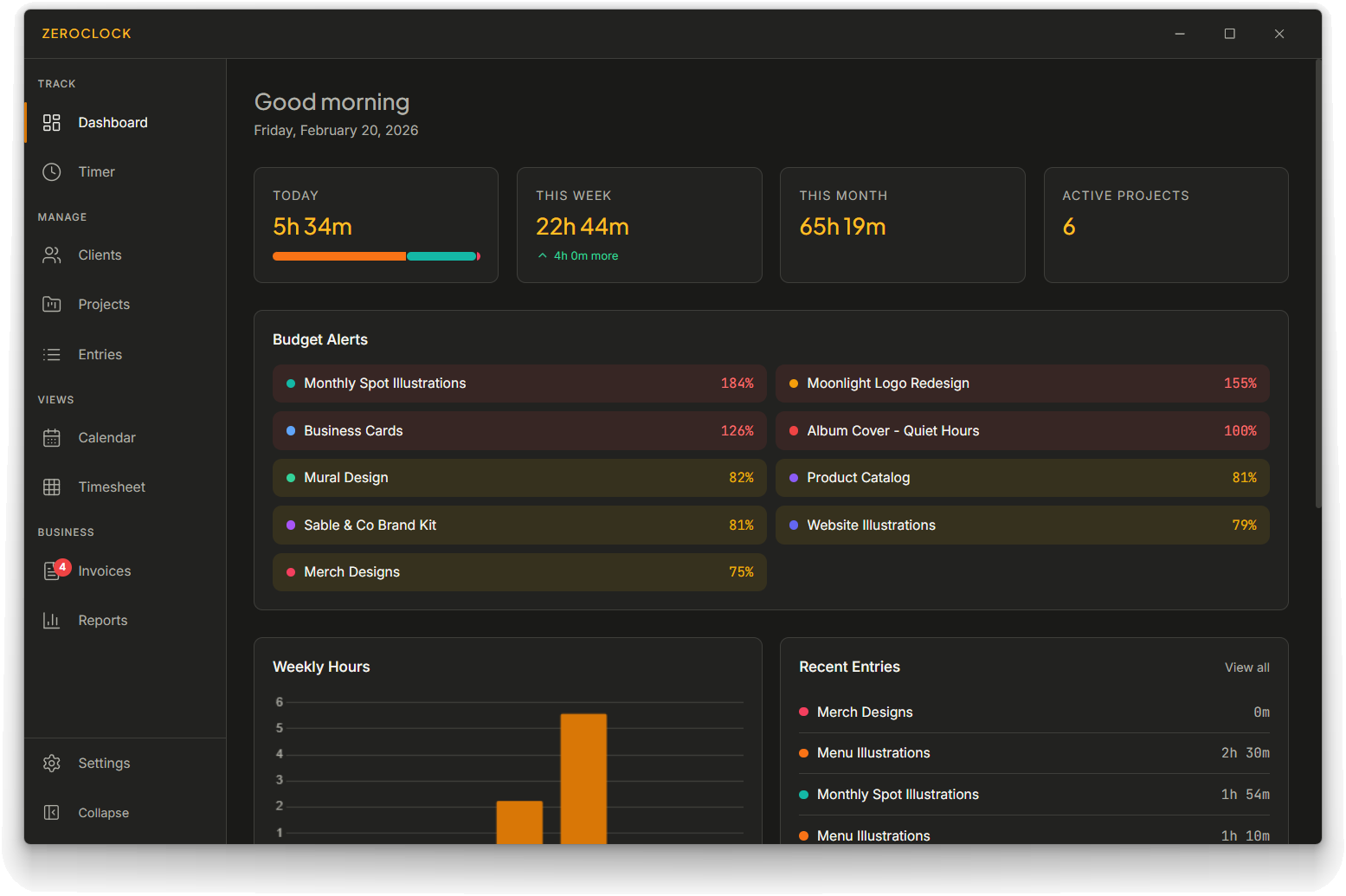 ZeroClock dashboard with today's hours, weekly progress, and recent time entries